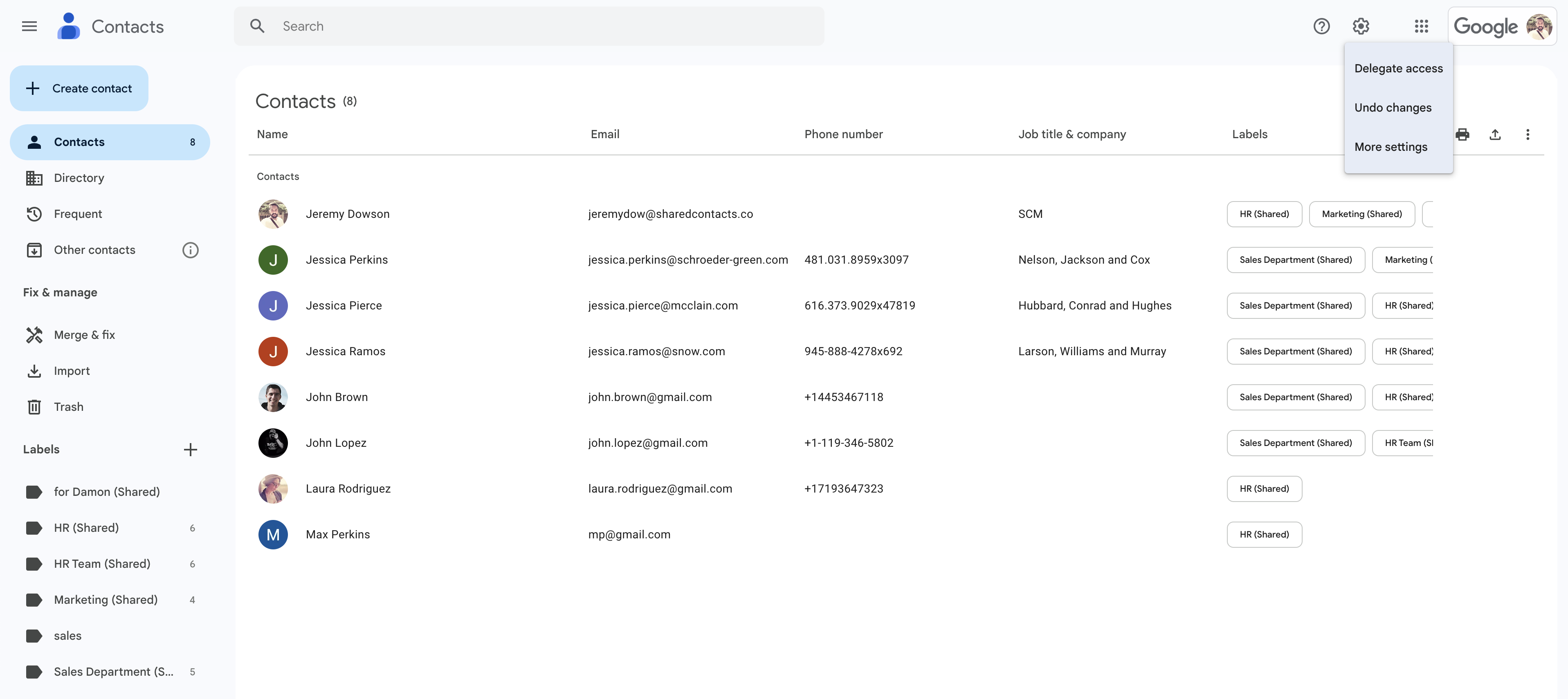 在 Google 联系人设置中授权访问